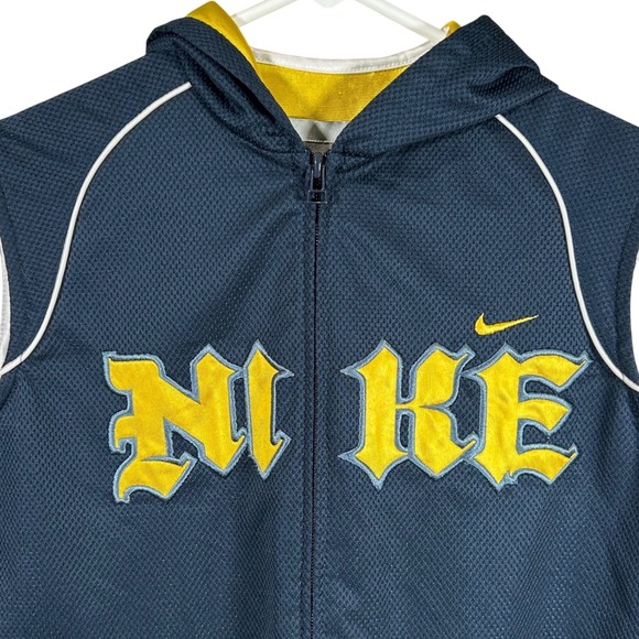 Vintage Nike Mens M Full Zip Sleeveless Hoodie Navy Blue Yellow Spellout Rare